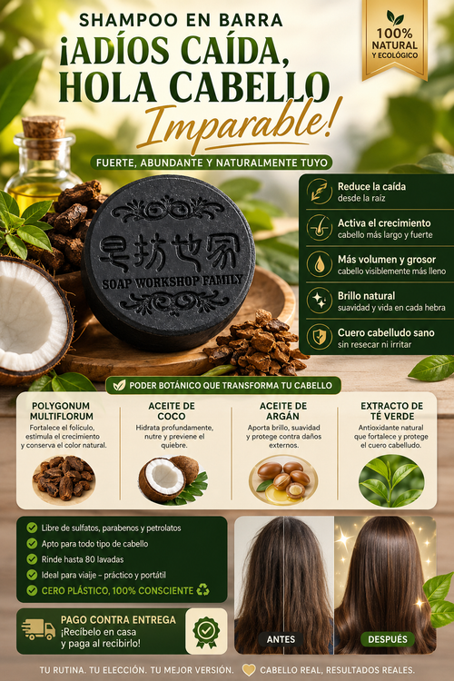 🌿 SHAMPOO EN BARRA ANTICAÍDA 💚 ¡MENOS CAÍDA, MÁS FUERZA, MÁS VIDA!